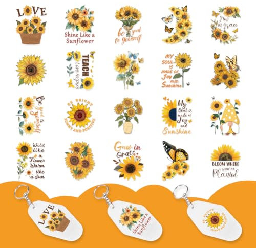 GOMAKERER 10 Blatt UV DTF Wrap Aufkleber Für Motel Schlüsselanhänger Sonnenblume Schmetterling UV DTF Aufkleber Mit Inspirierendem Zitat Blumenpflanze UV DTF Transferaufkleber Für Schlüsselanhänger