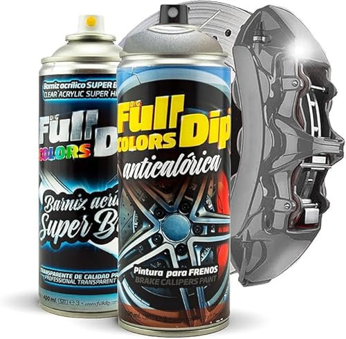 Kit vernice per pinze freno lucida spray 400 ml, 1 vernice spray + 1 vernice spray lucida, finitura professionale Resistente Alte Temperature 400°C ALLUMINIO METALLIZZATO LUCIDO FULL DIP FULLDIP