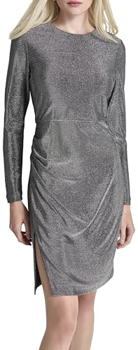 DKNY Damen Long Sleeve Jewel Neck Ruche Dress Dress (1er Pack)
