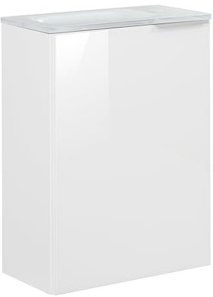 FACKELMANN Kara Gäste-WC Set 2 Teile – Waschtischunterschrank in Weiß mit Glasfront Weiß mit Waschbecken aus Glas in Weiß – SBC Waschbeckenunterschrank schmal – Türanschlag Links – 45 cm breit
