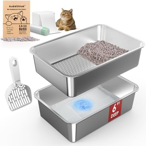 SuzziPaws 19.7''x13.7''x6'' Stainless Steel Litter Box, Silver, Large, Cat Owners, Unisex, Cat, Open Top Sifting Litter Box for Pine Pellets, Odor Control, Low Dust, Easy Cleaning