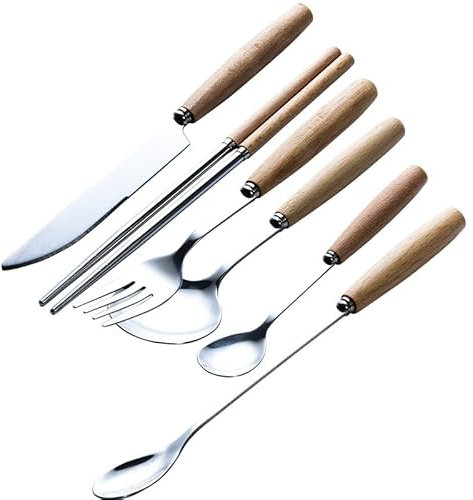 KLLJHB Besteckset, Besteck, Besteckset, 6/24/36/48/60/72-teilig, Holzgriff, Edelstahlbesteck, Messer, Gabel und Löffelset, Kaffee-Dessertlöffel, Essstäbchen