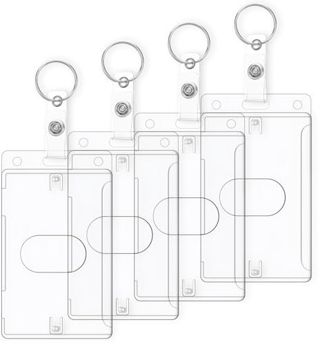 4Pcs Plastic ID Card Holder, Clear Badge Holder with Keyring Card Holder Keychain with Thumb Slot Rigid Fuel Card Holder Credit Card Protector