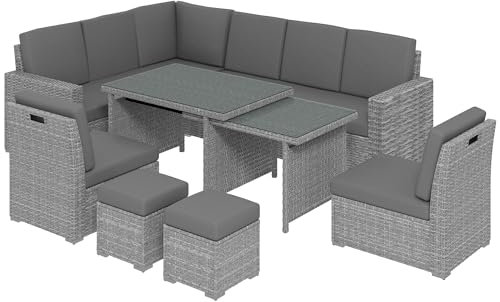 Outsunny 10 Seater Rattan Dining Set with Expandable Table and Nesting Chairs, Rattan Garden Furniture Set with Cushions, Outdoor Dining Table and Chairs, Sectional Corner Sofa Set, Light Grey