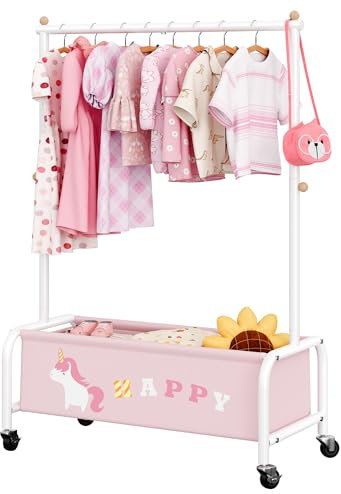GRANNY SAYS Kleiderständer Kinder mit Aufbewahrungskiste, Kinder Kleiderstange auf Rollen, rosa Kindergarderobe stehend, robuste Jackenständer Kinderkleiderschrank für Baby- & Kleinkinderzimmer