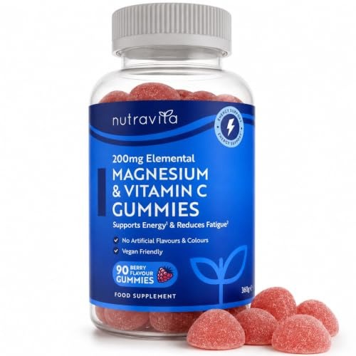 Nutravita Magnesiumcitrat Gummies mit Vitamin C – Beerengeschmack | Vegane 2136mg Citrat liefert 200mg Mg. Magnesium trägt zu normalem Energiestoffwechsel & Verringerung von Müdigkeit bei