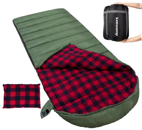 Keencamp Schlafsack Outdoor Flanell Warmer 3-4 Jahreszeiten Baumwolle Innenfutter XXL Deckenschlafsack Tragbar Leicht Winter Schlafsäcke Camping für Erwachsenen 230x90CM Olive