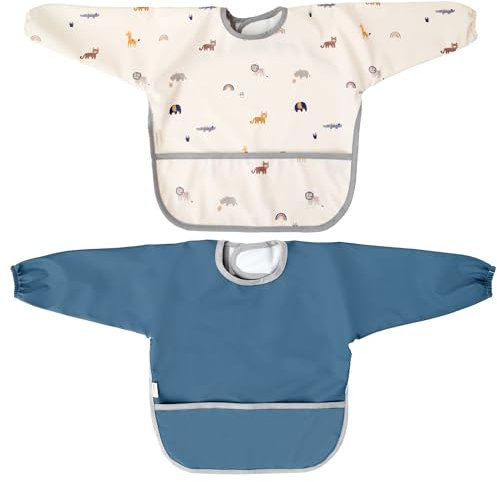 MIMUSELINA | 2er-Set Wasserdichte Baby-Ärmellätzchen | Mit Elastischen Bündchen und verstellbarem Verschluss | Perfekt für Beikost, Spielen und Kita (Savanna)