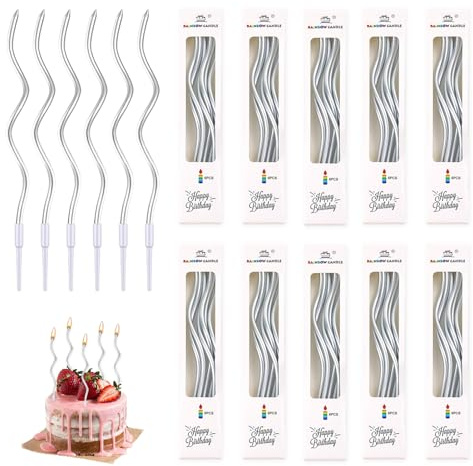 60 Stück Gebogene Geburtstagskerzen Silber, Spiral Kuchen Kerzen, Lange dünne Kuchenkerzen mit Halter, Partydekoration Hochwertige Kerzen für Torte, Cupcakes, Jubiläen, Hochzeiten, Geburtstagsfeiern