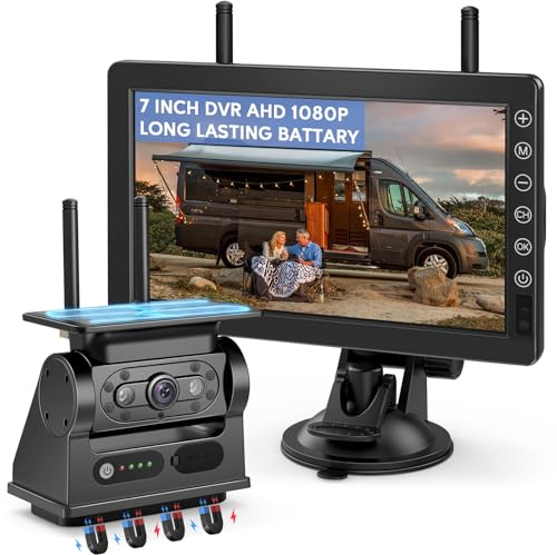 VASTEND Solaire Caméra de Recul sans Fil avec 7 Moniteur 1080P, Magnétique à Batterie Rechargeable 10000 mAh, Prend en 4 Caméras, pour Camions, Camping Car, Caravane(VS-7B)