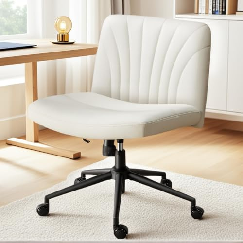 Marsail Criss Cross Stuhl mit Rollen, breiter PU-Leder-Schreibtischstuhl, ohne Armlehnen, Drehstuhl und höhenverstellbar, Kreuzbeine, Bürostuhl für Make-up, kleine Räume, Schlafzimmer, Schminktisch