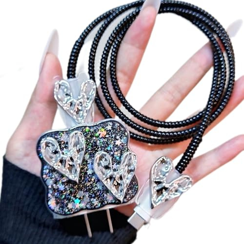 Luxury Charger Protector Cute Silver Heart Cable Protector for iPhone iPad 18W/20W Charger Cover,Shining Glitter Star Black Pattern Cable Saver Design Data Cable Wire Saver for iPhone 14 15 16 Pro Max