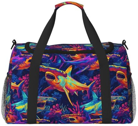 Neon Hammerhead Shark Print Duffle Bag for Travel, Carry On Weekender Overnight Duffel Bags, Gym Bags for Women Men, Personal Item Travel Bag