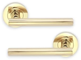 Infinity Decor T Bar Lever on Rose Mortice Sprung  Door Handles Set in PVD Brass Finish 125mm - Passage Pull Handles Ideal for Interior & Exterior Use