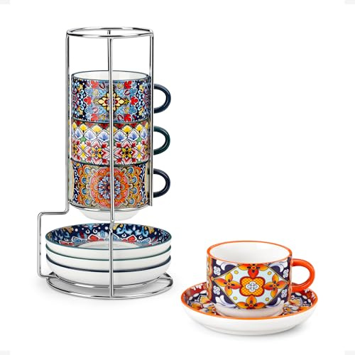 vancasso SIMI - Lot de 8 Tasses à Café avec Soucoupes (150ml) - Service à Café pour 4 Personnes - Porcelaine Résistante pour Expresso, Cappuccino - Design Bohème - Lavable au Micro-ondes