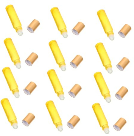 BAZEITFLOW 12 pièces Flacons Huile Essentielle Verre Jaune Mat Bouteilles Rechargeables Anti-fuite Compactes et Portables pour Parfum et Aromathérapie