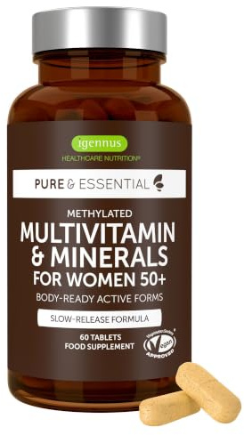 Igennus Methylated Multivitamin for Women 50+ with Calcium & Magnesium | Sustained Release & Active B-Vitamins, Bone Support, Iron-Free Formula, Antioxidant Support, Clean Label, 60 Tablets