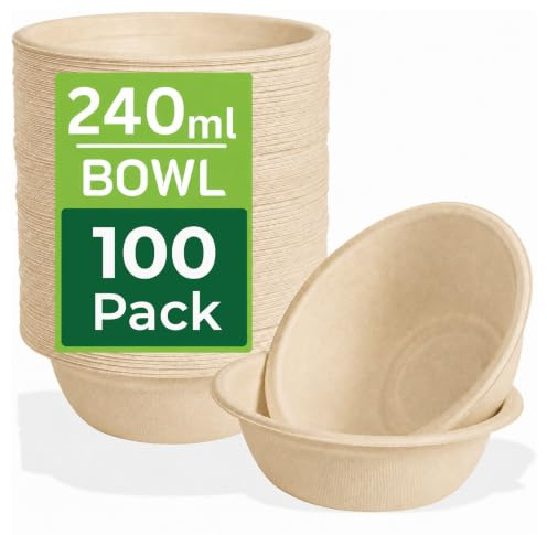100 Pack Strong Paper Bowls 240ml – Small Disposable Bowls for Parties | 4.5x1.77 in, Biodegradable & Microwavable Bagasse Dessert Bowls, 100% Compostable & Heavy Duty, Ideal for Cereals, Milk