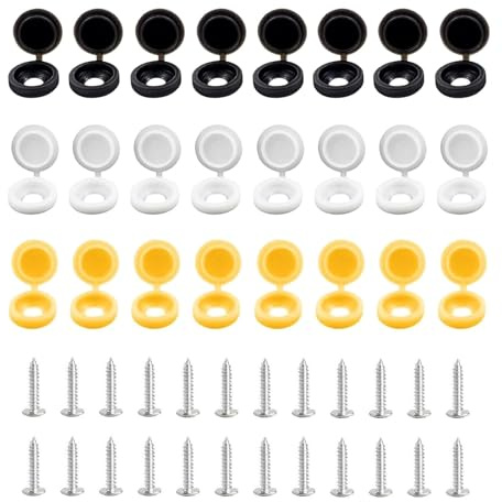 48 Pcs Number Plate Screws, Number Plate Screws and Caps, Car Number Plate Screw and Caps, Numbers Plate Fixing Kit Black, White and Yellow (8 Each Color)