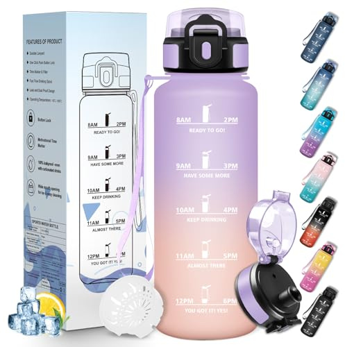 Mulbijeo Trinkflasche Sport, Auslaufsicher 1500 ML, Wasserflasche, Zeitmarkierung und Motivierende, Trinkflasche Kohlensäure Geeignet Lichtlila & Lichtrosa