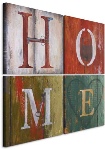 B&D XXL - Wandbilder Set Home 80x80 cm 4 Teilig je 40x40 Vlies Leinwandbild Kunstdruck modern Wandbilder XXL Wanddekoration Design Wand Bild mehrteilig - Haus Herz Aufschrift 93247