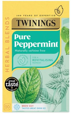 Twinings Pure Peppermint Flavoured Tea Bags - 20 Biodegradable Bags Caffeine & Sugar Free Herbal Tea for Digestion & Refreshment Natural Peppermint Flavor