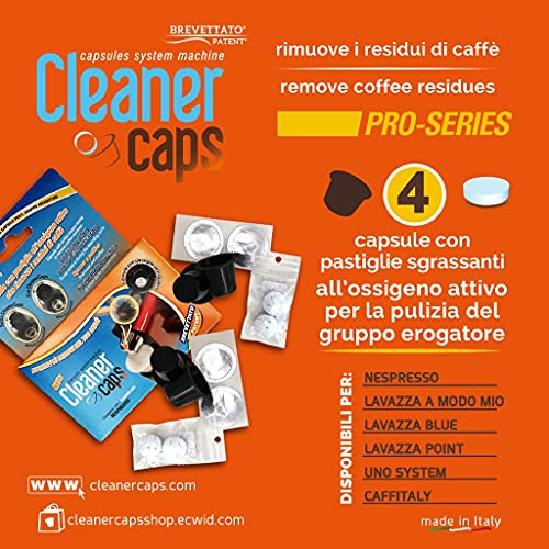 CleanerCaps Nettoyage Machine à Café - Compatible avec Nespresso - 4 Capsules Détergents - Nettoyage Bec de Sortie Café - Nettoyage Interne Hygiénisant et non Corrosif, Facile et Automatique