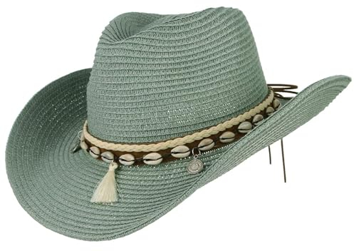 GEMVIE Women's Summer Straw Cowboy Cowgirl Hat Sun Hats Wide Brim Beach Holiday Straw Hat with Shell Band-Green