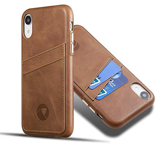 LUCKYCOIN Genuine Leather Case with Card Holder for iPhone XR 6.1in,Wallet Case with Metal Buttons,Dark Brown