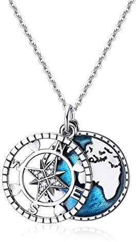 YFN Collana con Ciondolo Bussola Collana con Mappa da Viaggio in Argento Sterling con Ancora blu Scuro per Donna Uomo
