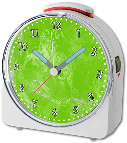 CreaDesign, WU-71-1117-04, Traum Grün, analog Kinderwecker weiß, Funkwecker mit Sweep-Uhrwerk und fluoreszierenden Zeiger und Licht, personlisiert mit Namen, 10,2 x 4,6 x 11 cm