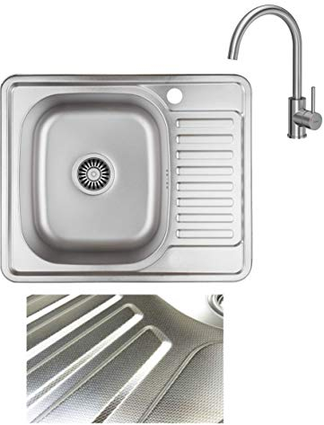 VBChome Einbauspüle mit Armatur 58x48 Leinenstruktur ab 45er Unterschrank Edelstahl Küchenspüle Spüle Ablagefläche Abtropffläche Rechts eckiges Camping Ablaufgarnitur Siphon Wasserhahn Inox Edelstahl