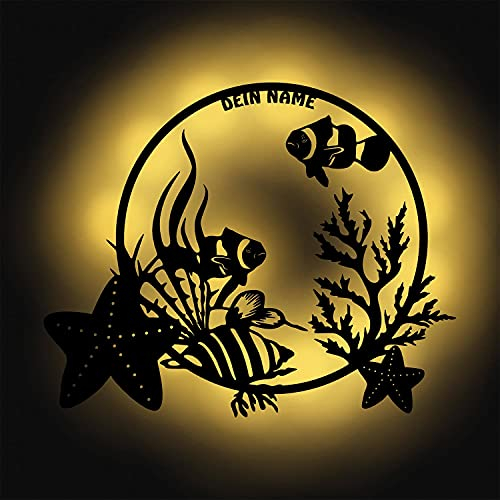 Namofactur Unterwasser Clown Fische Muscheln Deko Holz Wand-Lampe Geschenke Meer Maritim zum Geburtstag personalisiert I Batteriebetrieben