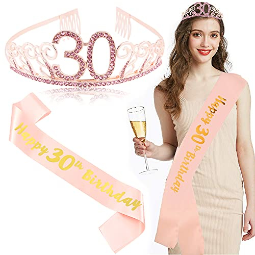 Krone Schärpe Geburtstag, Roségold Geburtstagskrone Prinzessin Krone Haarreif Kristall Tiara 30. Geburtstag Schärpe, Damen Haarband Kronen Satin Schärpen für 30 Jahr Geburtstag Deko Party Accessoires