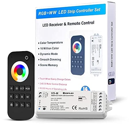 GIDEALED 2.4G Wireless 5 in 1 LED Streifen Controller mit RF Fernbedienung,Dimmen 5 Kanal RGBWW LED Controller für CCT RGB RGBW RGBCCT und 5 Weiße Lichtstreifen DC12-24V