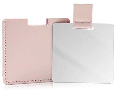 Bruchsicherer Taschenspiegel aus Edelstahl für Geldbörsen, unzerbrechlicher Spiegel Reise mit PU-Lederhülle, Handheld-Camping-Rasierspiegel für Damen und Herren, Make-up, Geschenk (Rosa)