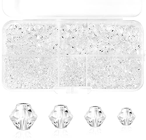 MissAudrey Bicone Crystal Beads for Jewelry Making, Lot 850pcs 3mm 4mm 6mm 8mm Clear White Faceted Bicone Shaped Glass Beads for DIY Craft Bracelets Necklaces Earrings Suncatcher Beading
