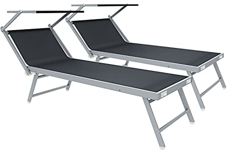 Coppia Di Lettini Prendisole 720 gr/m² Pieghevole Professionale In Alluminio Tettuccio Orientabile Parasole Sdraio Lettino Prendi Sole Mare Spiaggia Piscina Giardino 182 x 60 x 38 cm (Grigio Scuro)
