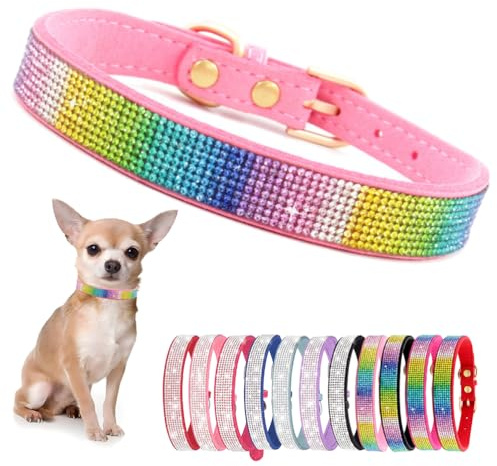 Hundehalsband Kleine Hunde, Halsband Welpe Mit Strass Perlen Glitzer Kristall Steine MäDchen Halsband Katze HüNdin Strasssteinen,Buntes Rosa M
