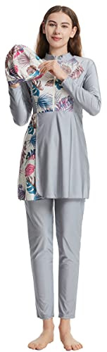 Odizli Burkini Damen Muslim Langarm Zipper Blumen Badeshirt+Schwimmhose+Badekappe 3tlg Ganzkörper Islamisch Modest Bademode