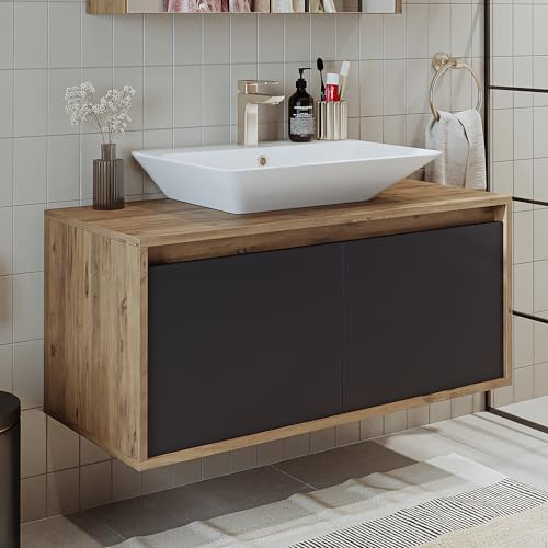 ROOMART • Badmöbel • Atlantic • Keramik Waschbecken mit Unterschrank 65 cm, 85 cm, 100 cm, • Weiß - Eiche • Anthrazit-Eiche • Weiß (Anthrazit-Eiche, 100 cm)