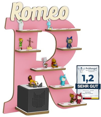 Holzura Tonie Regal für Toniebox, Toniebox Regal personalisiert mit Name und Holzsymbolen, Tonie Aufbewahrung (Buchstabe R)