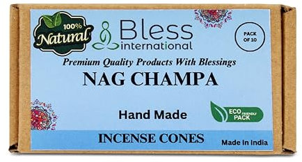 Bless-International Nag Champa Incense-Cones Handmade-Hand-Dipped Organic-Chemicals-Free for-Purification-Relaxation-Positivity-Yoga-Meditation The-Best-scents (10 Count)