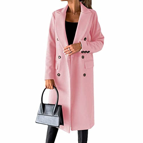 Long-sleeved wool coat with double-breasted buttons,Women's Double Breasted Long Trench Coat Windproof Classic Lapel Slim Overcoat