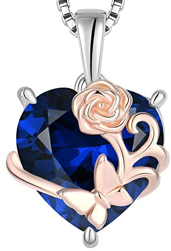 YL Collier Rosé Cœur Argent 925 taillé Septembre Pierres de Naissance Saphir Papillon Pendentif pour Femme