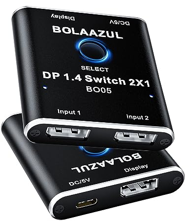 BolAAzuL 8K DisplayPort Switch 2 in 1 Out, Displayport 1.4 Switcher 2-Port, unidirektionale DP Switch Box - Nur 2 Eingänge 1 Ausgang - 8K @ 60Hz, 4K @ 120Hz, 2K @ 144Hz für PC Host Monitor Laptop
