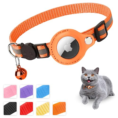 Mouyou Airtag Katzenhalsband,Airtag Halsband Katze Weiches Nylon Reflektierend mit Glocke und Sicherheitsverschluss,Tracking Katzen Halsband mit Halter Airtag Hülle Verstellbar von 22-34cm Orange