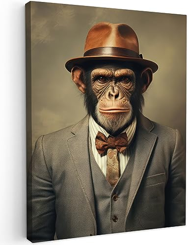 MuchoWow© Impression sur Toile Photo Peinture 50x70 cm Tableau Decoration Murale Chambre Salon Maison Deco Cuisine Vintage - Singe - Chapeau - Costume - Gris - Animaux - Chimpanzé