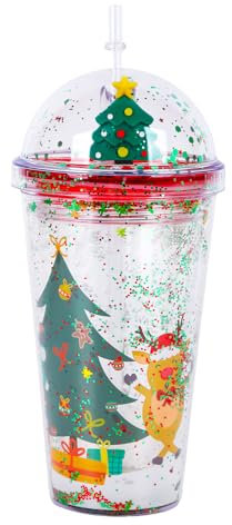 Bicchiere d'acqua Natalizio Tazza a Doppia Parete Glitterata con Cannuccia e Coperchio Albero di Natale di Babbo Natale Borraccia Riutilizzabile Senza BPA per Natale di Festa Regalo 450 ml (B)