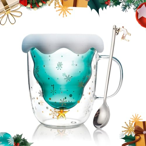 KAMEUN Tazze Doppio Vetro Natale Con Coperchio Bicchieri Natalizi Vetro Insulated Borosilicate Tazze, Set Di 1 Tazze Da Caffè Con Manico per contenere una varietà di bevande calde e fredde